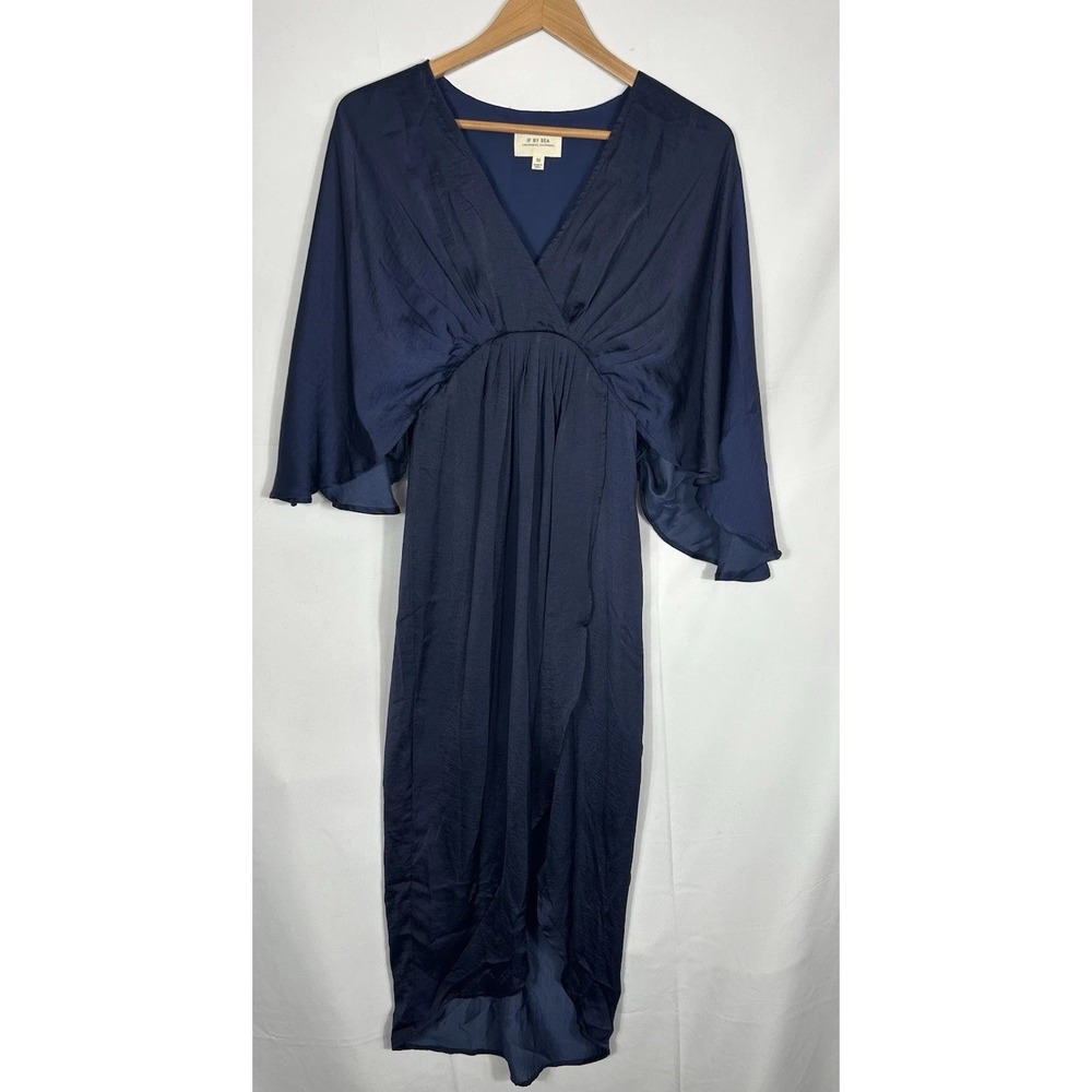 If By Sea Anthropologie Pleated Draped Kimono Sleeve Dress Satin Navy Size XS‎